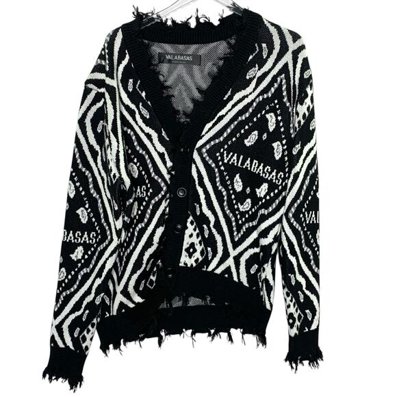 Valabasas S Mens The Pledge Sweater Cardigan Black Distressed Bandana Prt - Picture 2 of 9